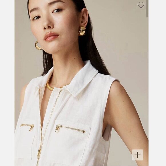 J Crew Zip Front Linen‎ Blend White Sleeveless Belted Dress Size 2 NEW Old Money - Picture 3 of 13
